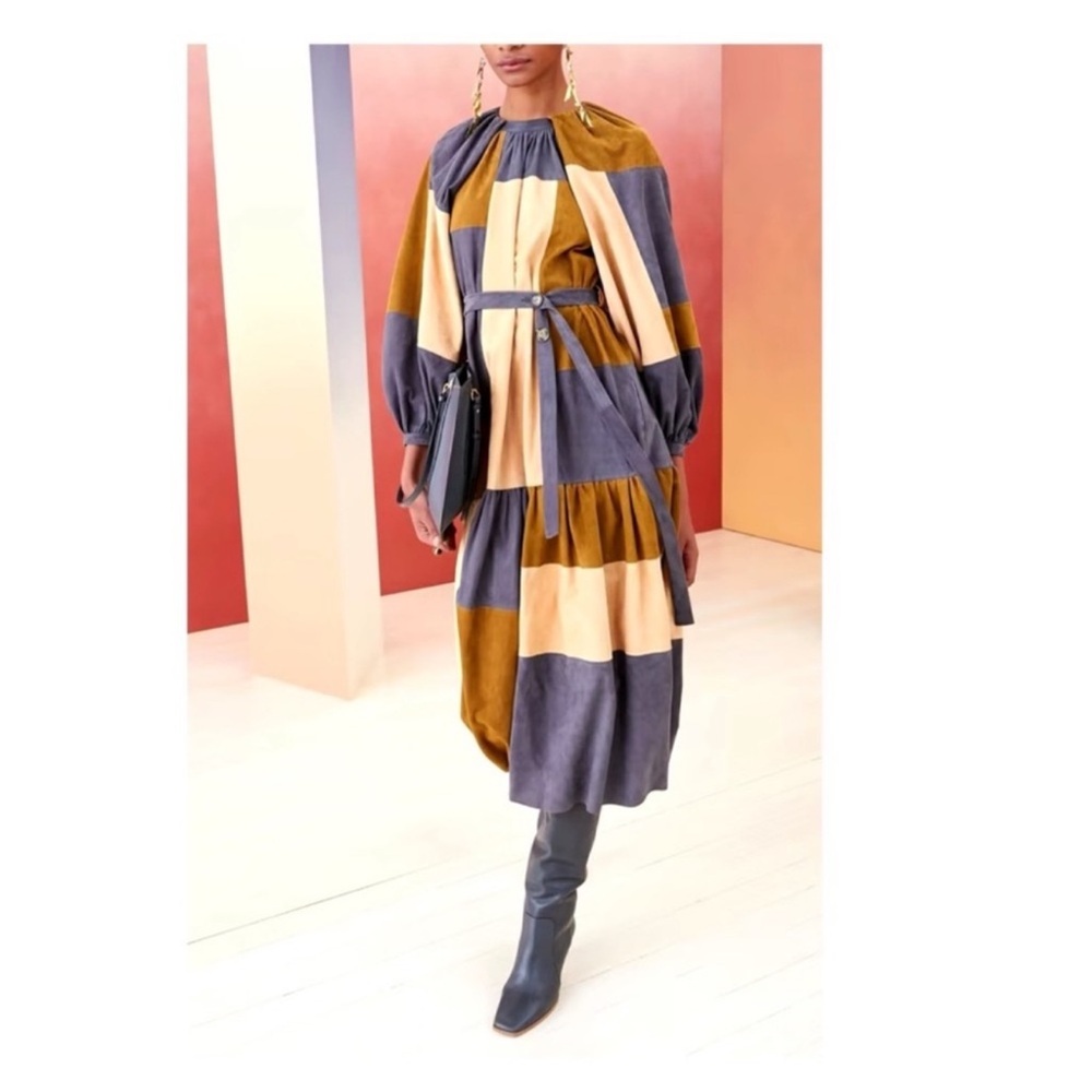 New! Rare ULLA JOHNSON Bernadine Patchwork Lambskin Suede Leather Midi Dress - Picture 2 of 12